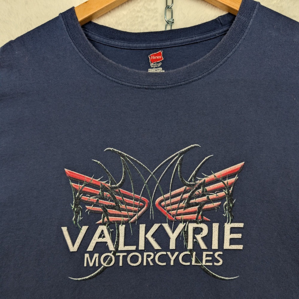 VTG Hanes T-Shirt Men's XL Navy Blue Valkyrie Motorcycles Biker Streetwear Y2K